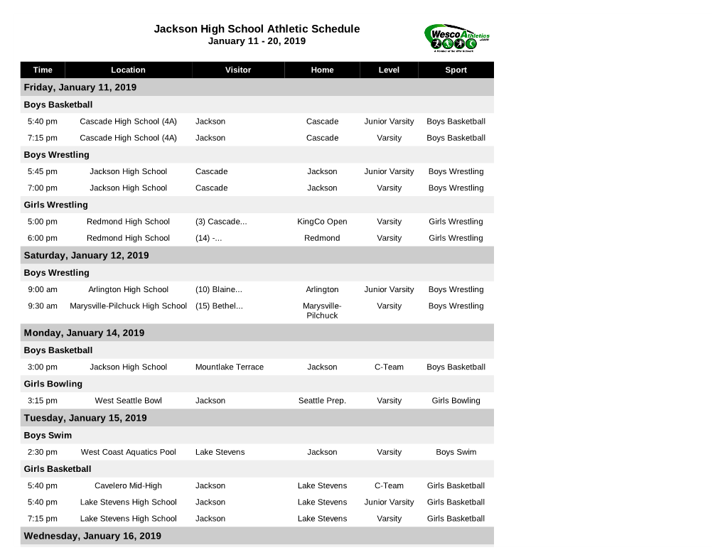 Jackson High School Athletic Schedule January 11 - 20, 2019