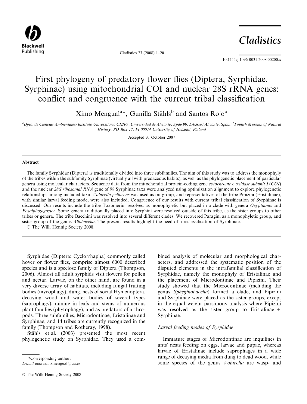 First Phylogeny of Predatory Flower Flies (Diptera, Syrphidae