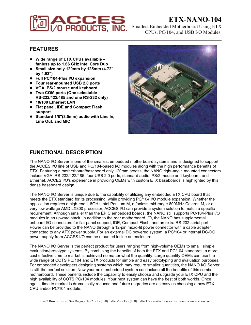 ETX-NANO-104 Smallest Embedded Motherboard Using ETX Cpus, PC/104, and USB I/O Modules