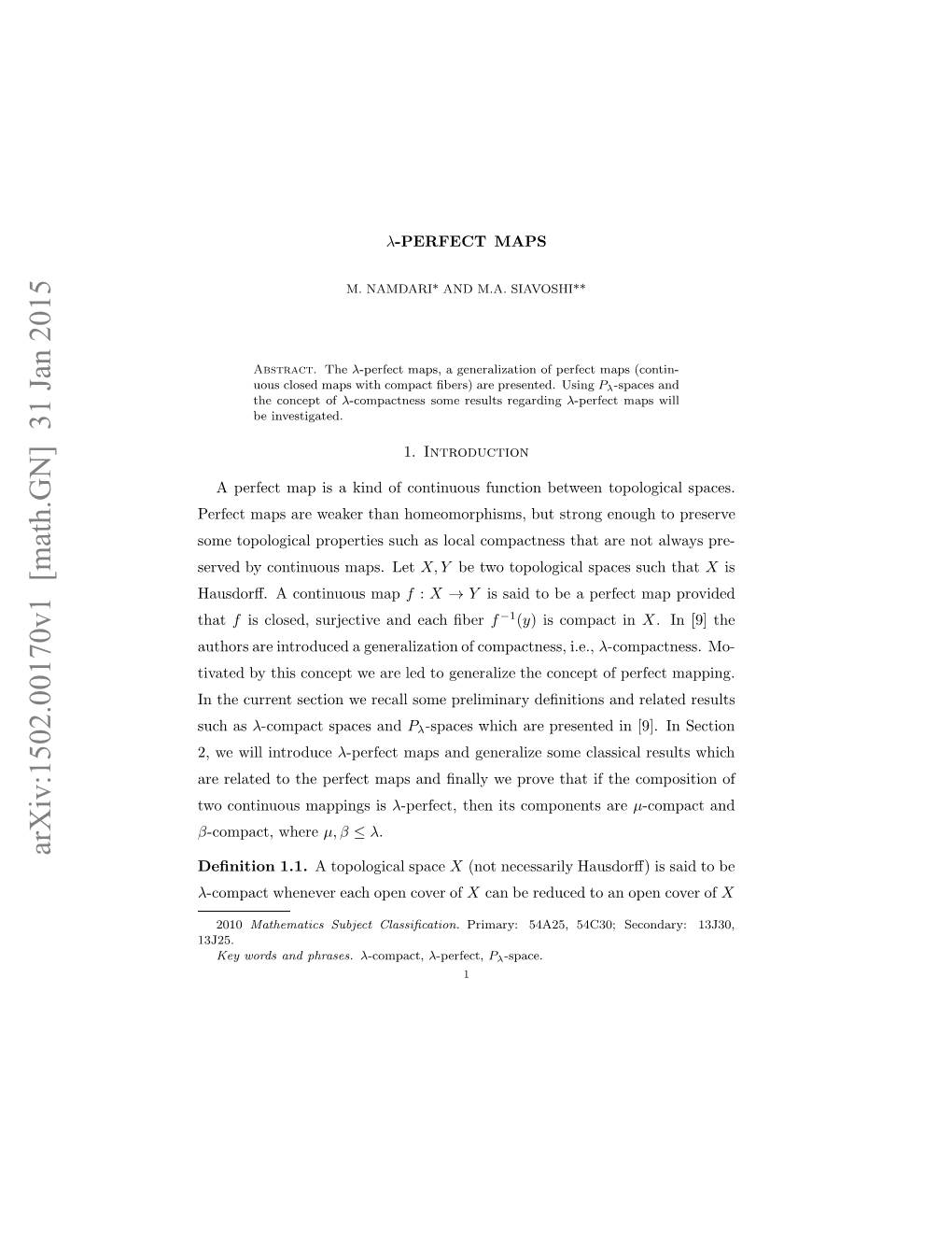 Arxiv:1502.00170V1 [Math.GN] 31 Jan 2015 Oetplgclpoete Uha Oa Opcns Htaen Let Are Maps