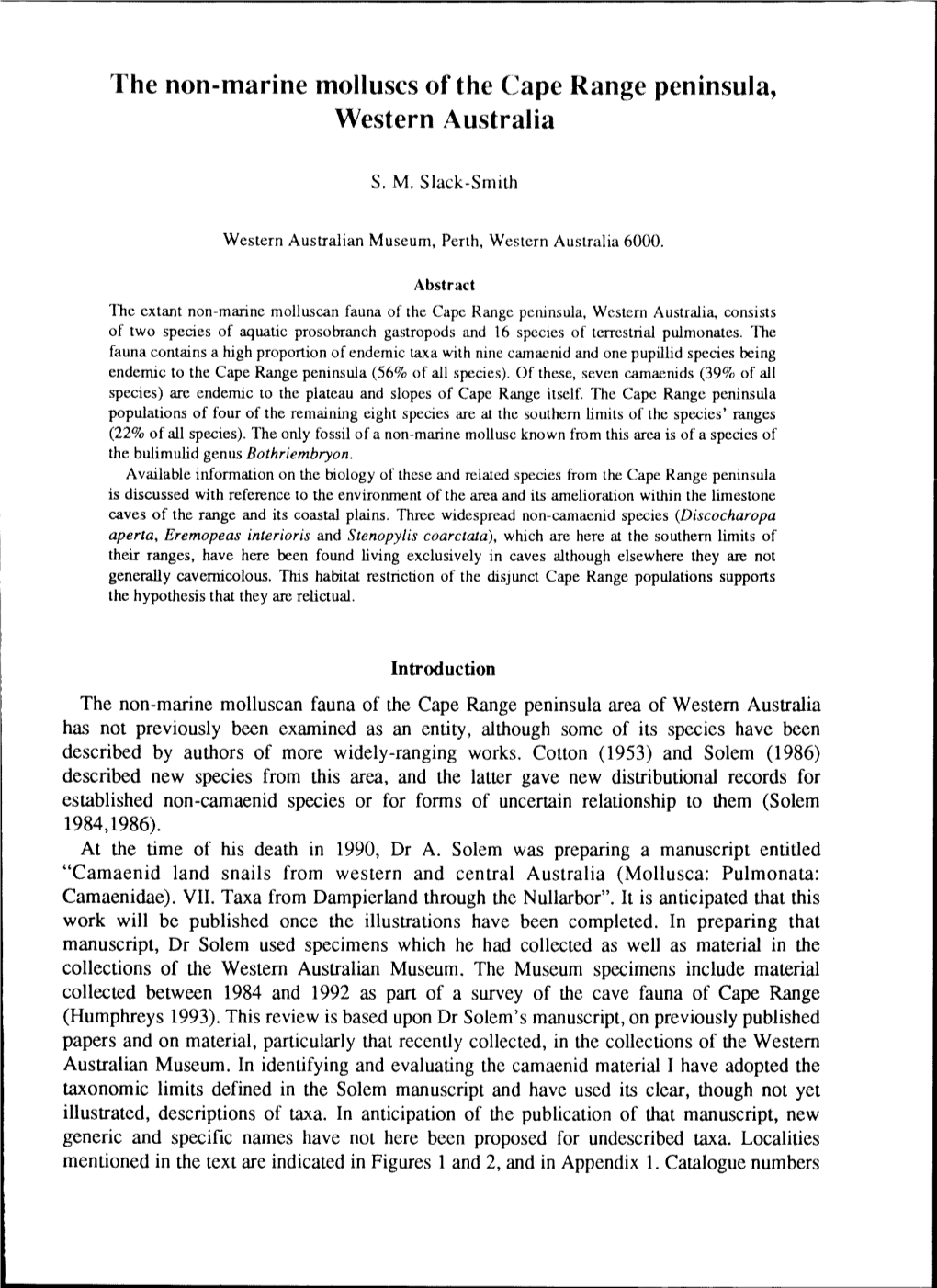 The Non-Marine Molluscs of the Cape Range Peninsula, Western Australia Download 2.91 MB