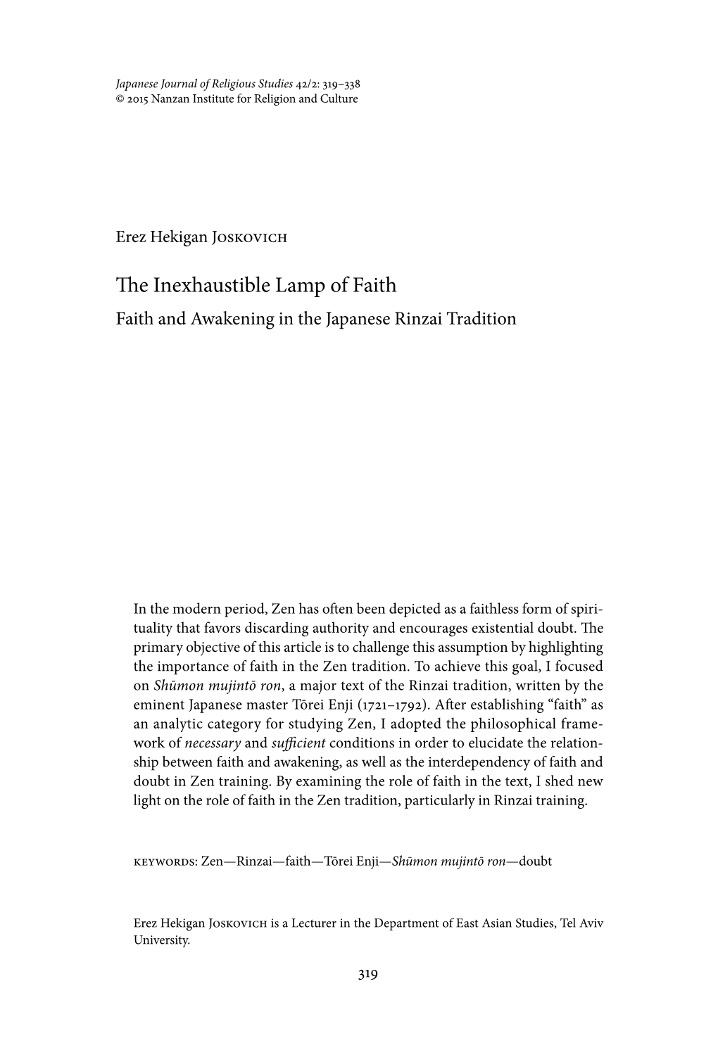The Inexhaustible Lamp of Faith Faith and Awakening in the Japanese Rinzai Tradition