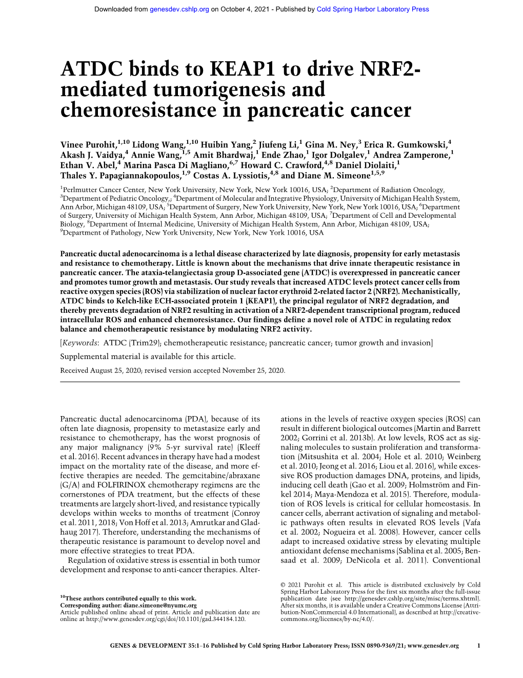 ATDC Binds to KEAP1 to Drive NRF2- Mediated Tumorigenesis and Chemoresistance in Pancreatic Cancer