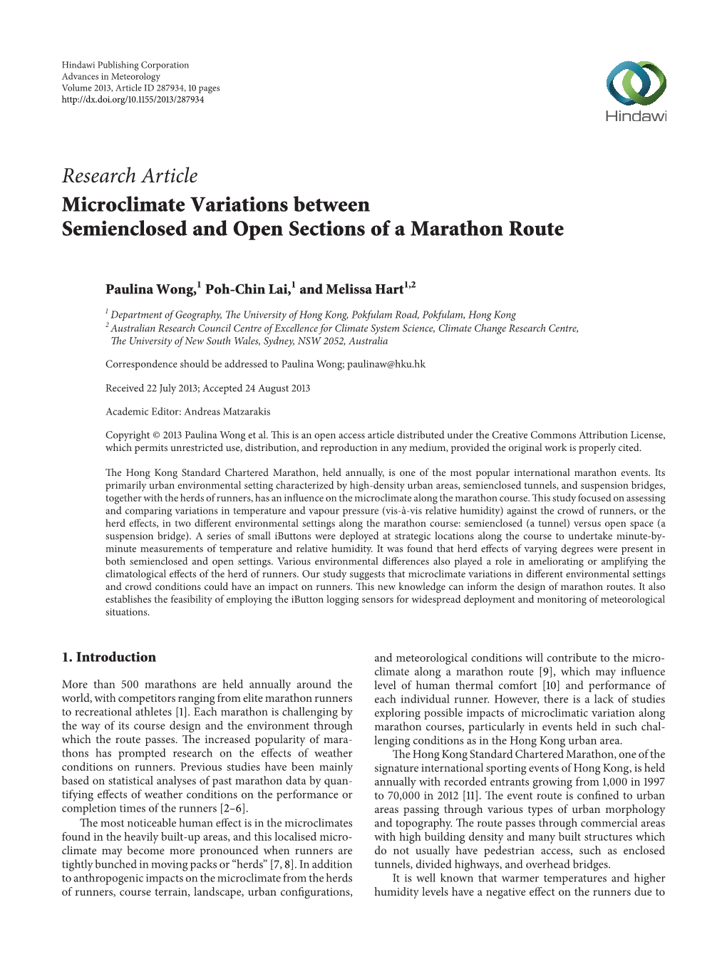 Research Article Microclimate Variations Between Semienclosed and Open Sections of a Marathon Route