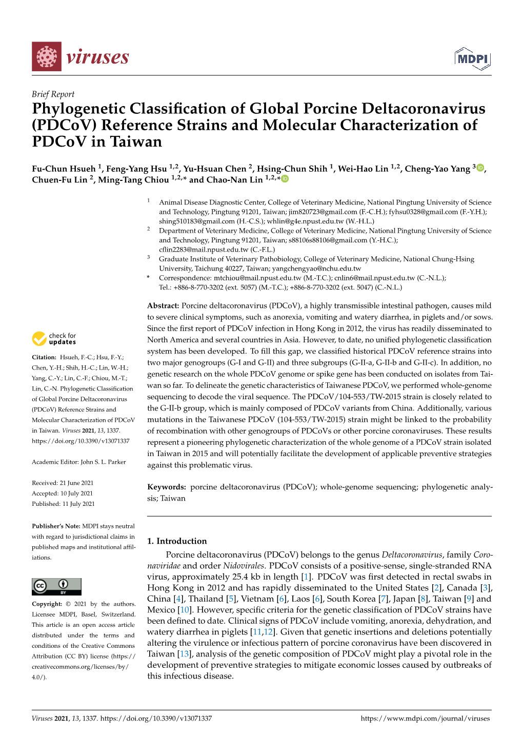 Pdcov) Reference Strains and Molecular Characterization of Pdcov in Taiwan