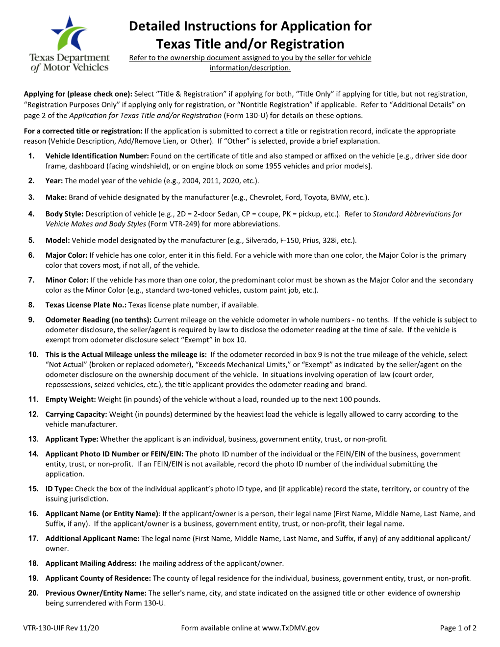 VTR-130-UIF Rev 11/20 Form Available Online at Page 1 of 2 Detailed Instructions for Application for Texas Title And/Or Registration