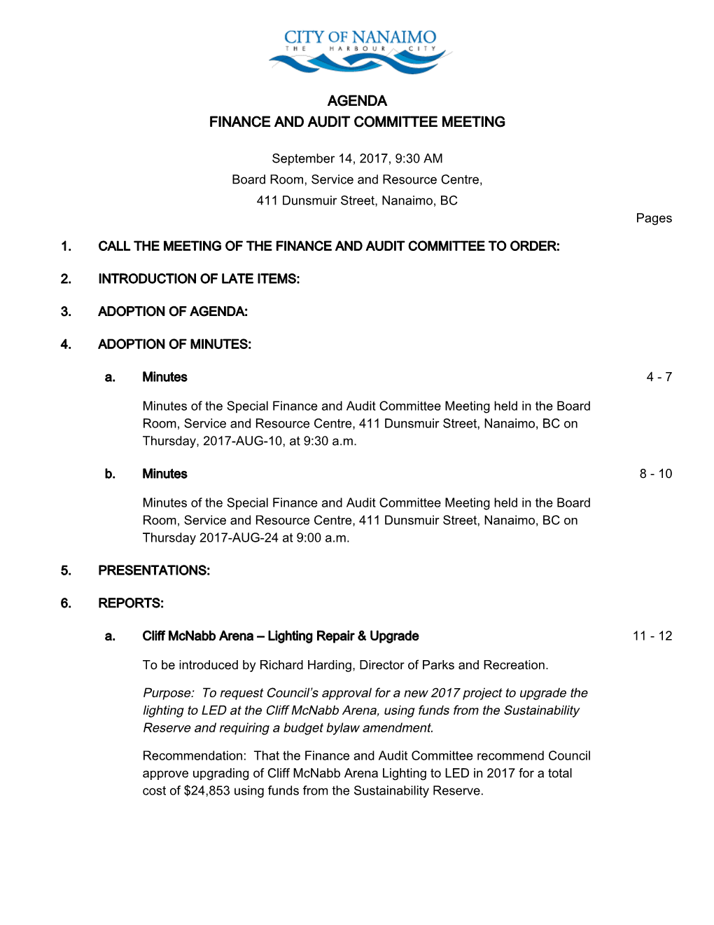 Finance and Audti Committee Agenda