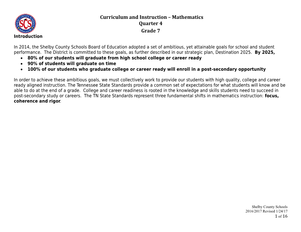 Shelby County Schools Mathematics Instructional Maps Are Standards-Based Maps Driven By