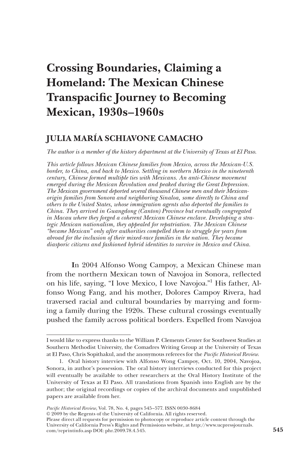 The Mexican Chinese Transpacific Journey to Becoming Mexican, 1930S1960s