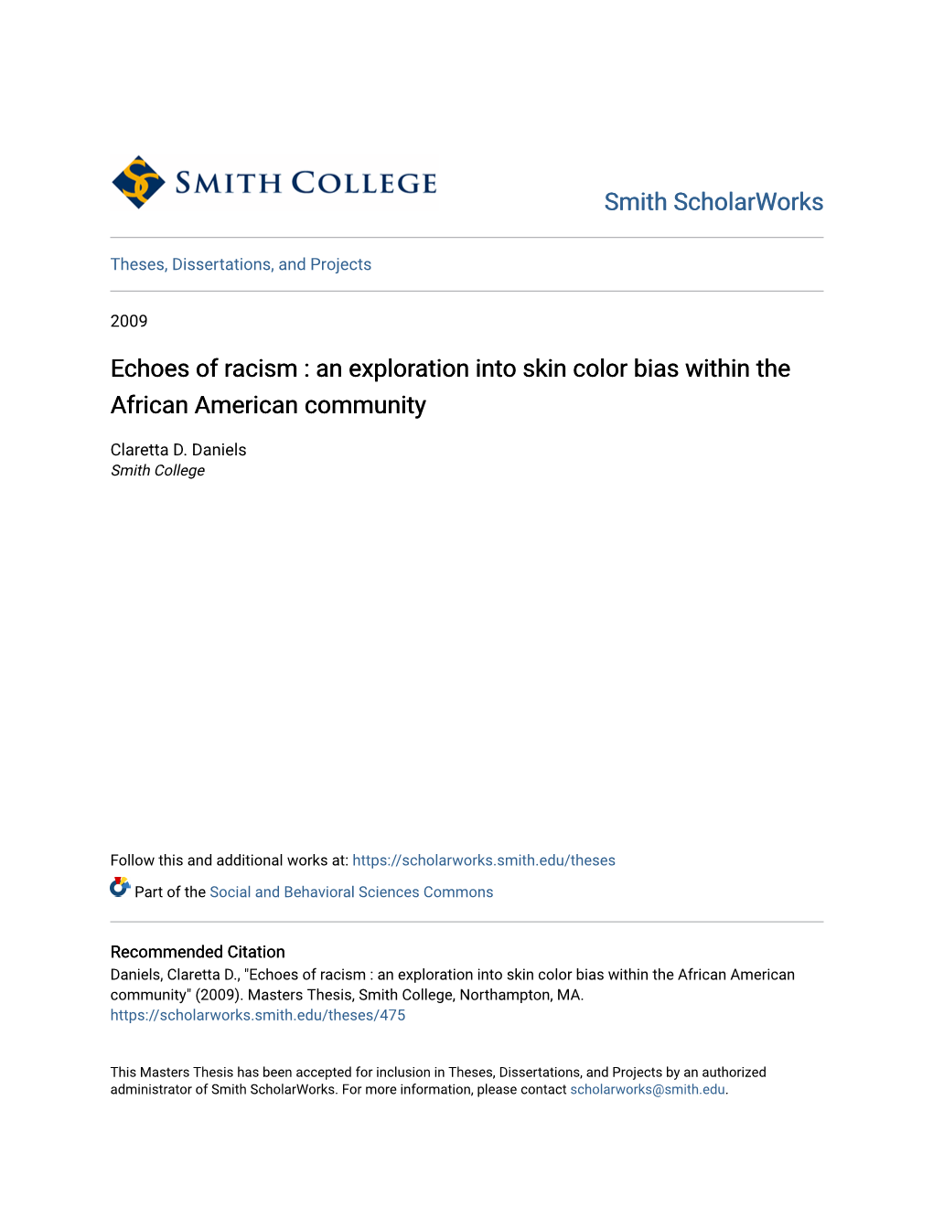 Echoes of Racism : an Exploration Into Skin Color Bias Within the African American Community