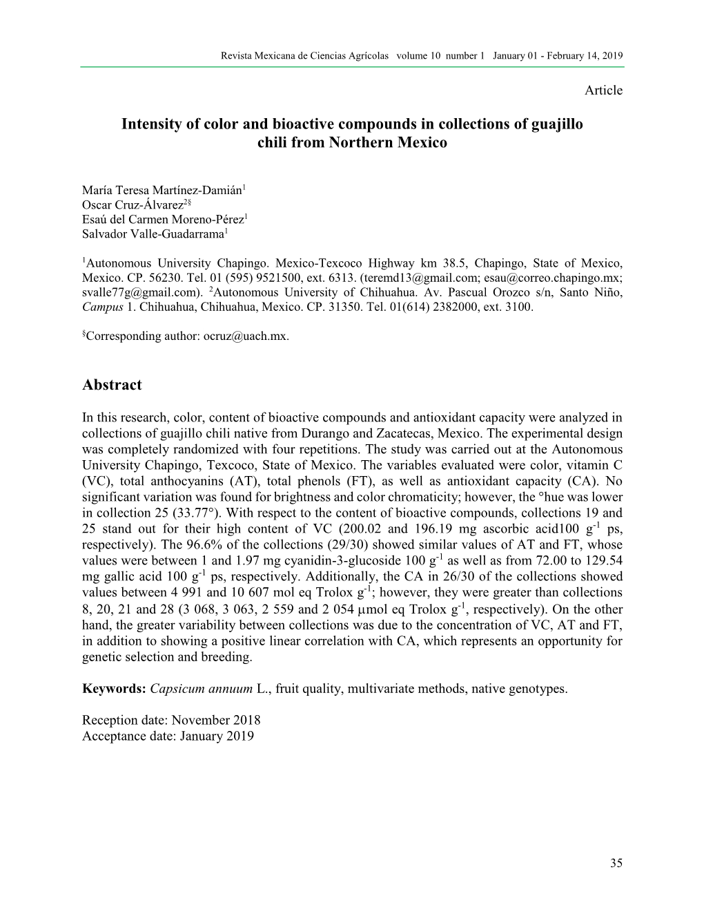 Intensity of Color and Bioactive Compounds in Collections of Guajillo Chili from Northern Mexico