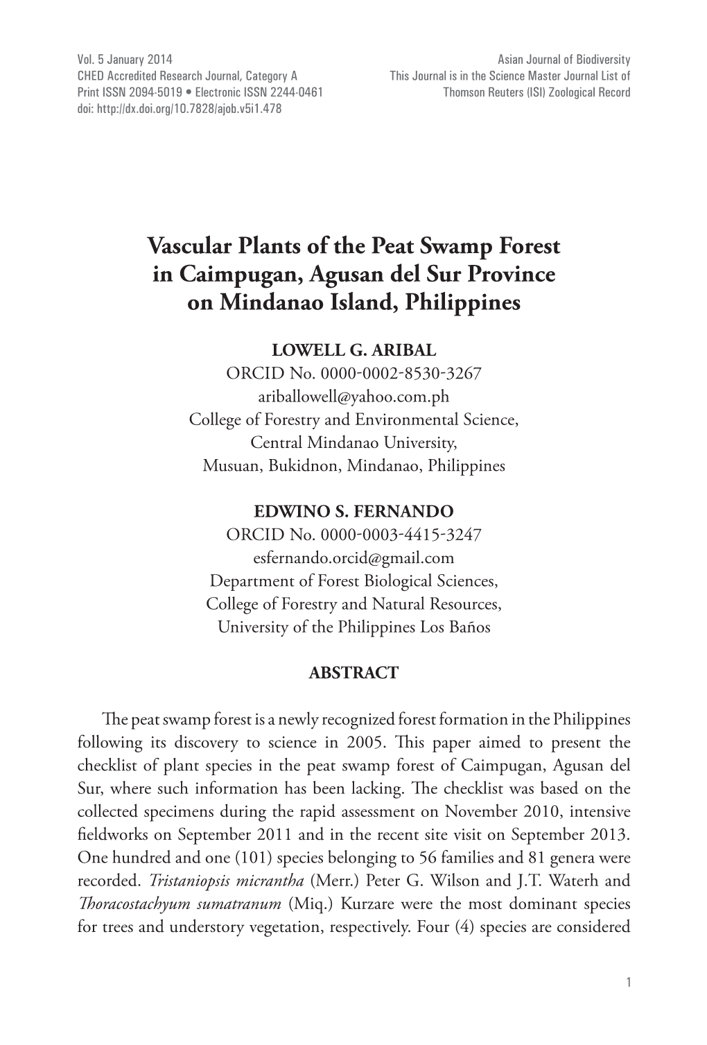 Vascular Plants of the Peat Swamp Forest in Caimpugan, Agusan Del Sur Province on Mindanao Island, Philippines