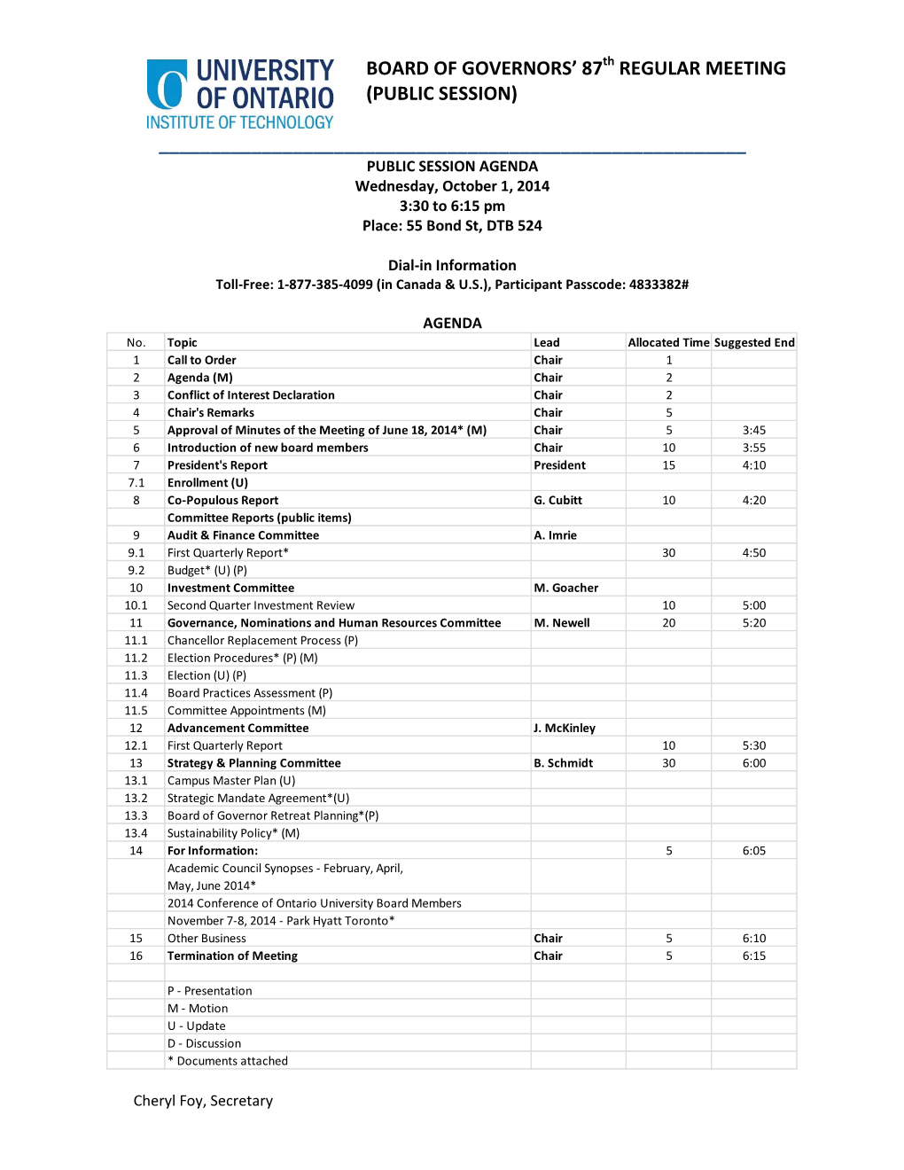 Board of Governors' 87 Regular Meeting (Public Session)