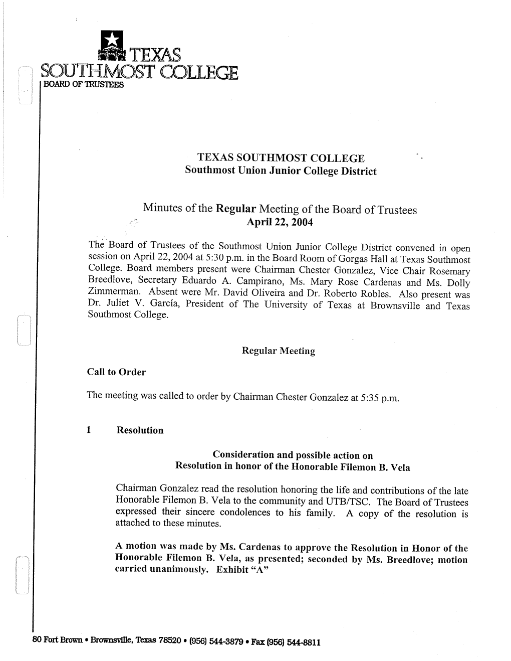 Minutes of the Regular Meeting of the Board of Trustees April 22,2004
