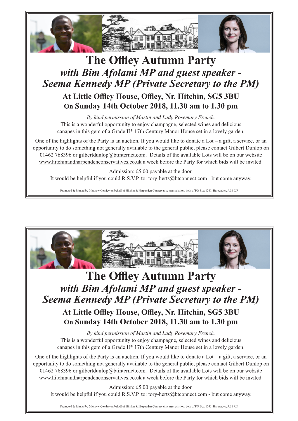 The Offley Autumn Party with Bim Afolami MP and Guest Speaker - Seema Kennedy MP (Private Secretary to the PM) at Little Offley House, Offley, Nr
