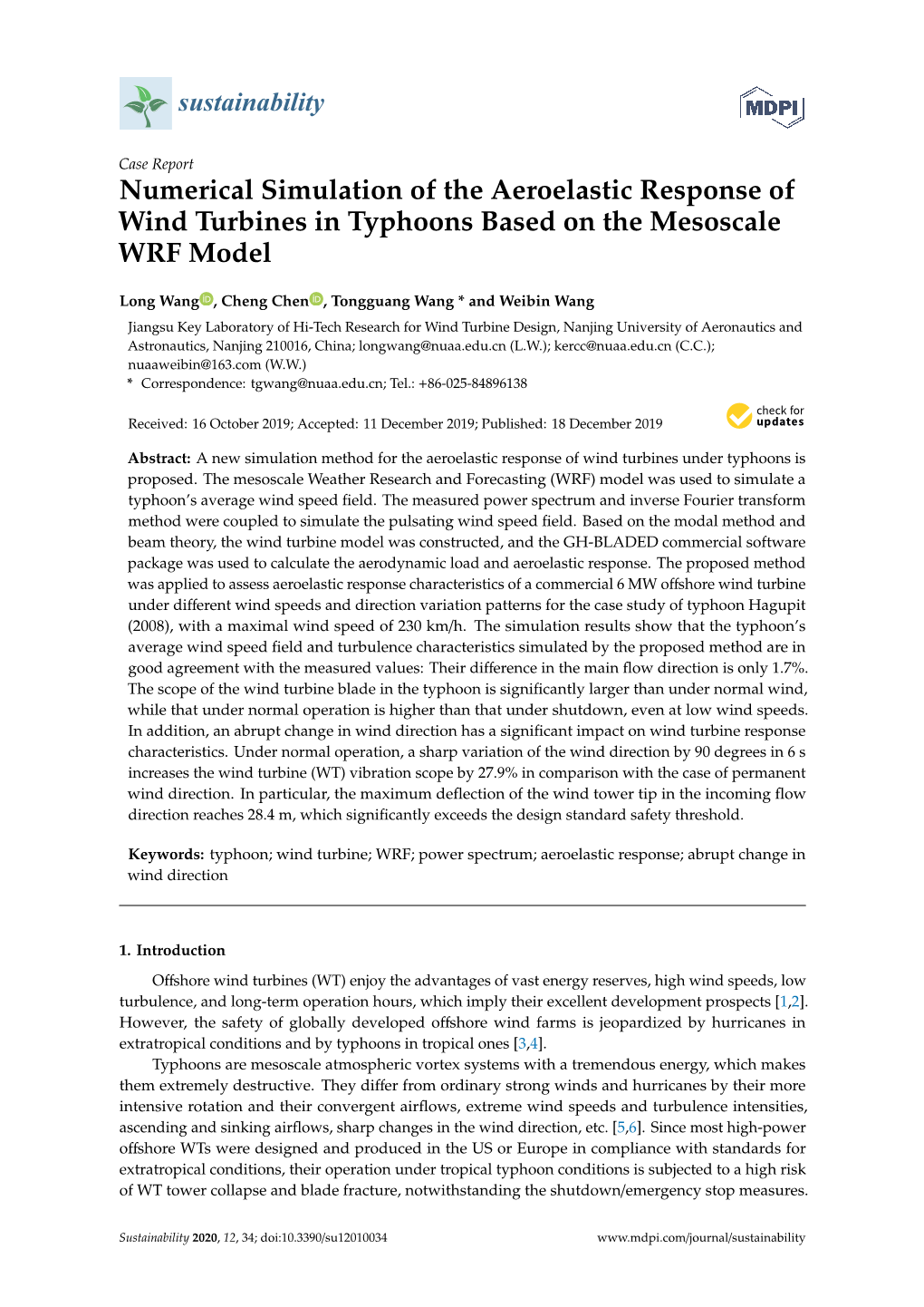 Numerical Simulation of the Aeroelastic Response of Wind Turbines in Typhoons Based on the Mesoscale WRF Model