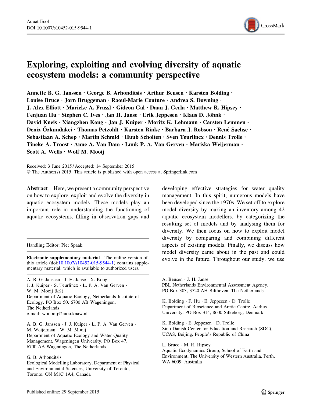 Exploring, Exploiting and Evolving Diversity of Aquatic Ecosystem Models: a Community Perspective