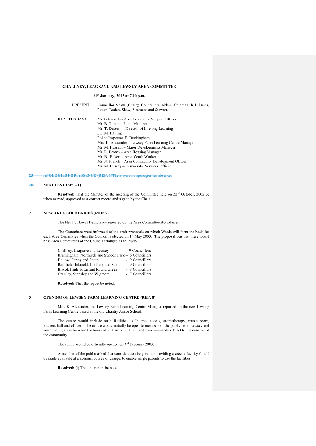 CHALLNEY, LEAGRAVE and LEWSEY AREA COMMITTEE 21St