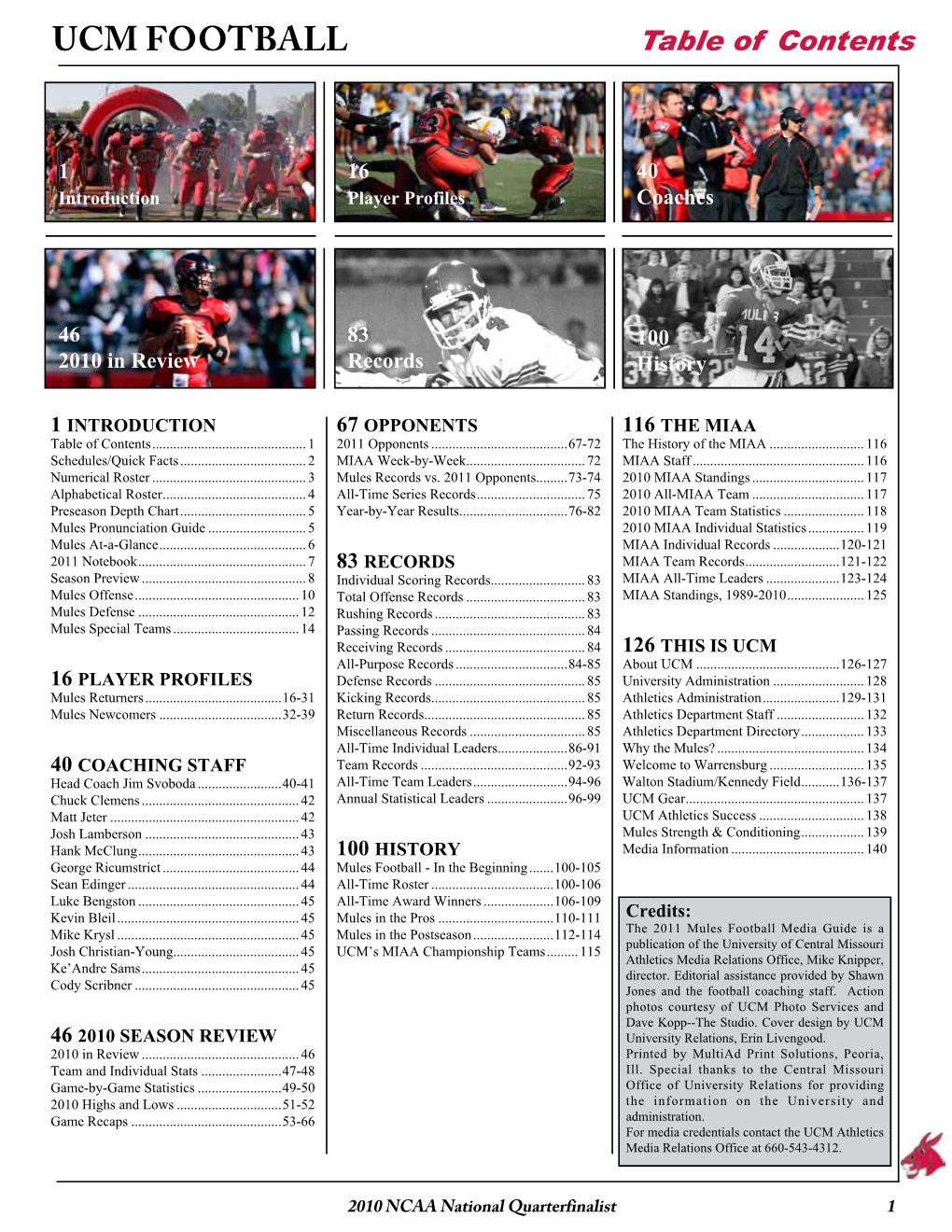 Ucm Football Table of Contents