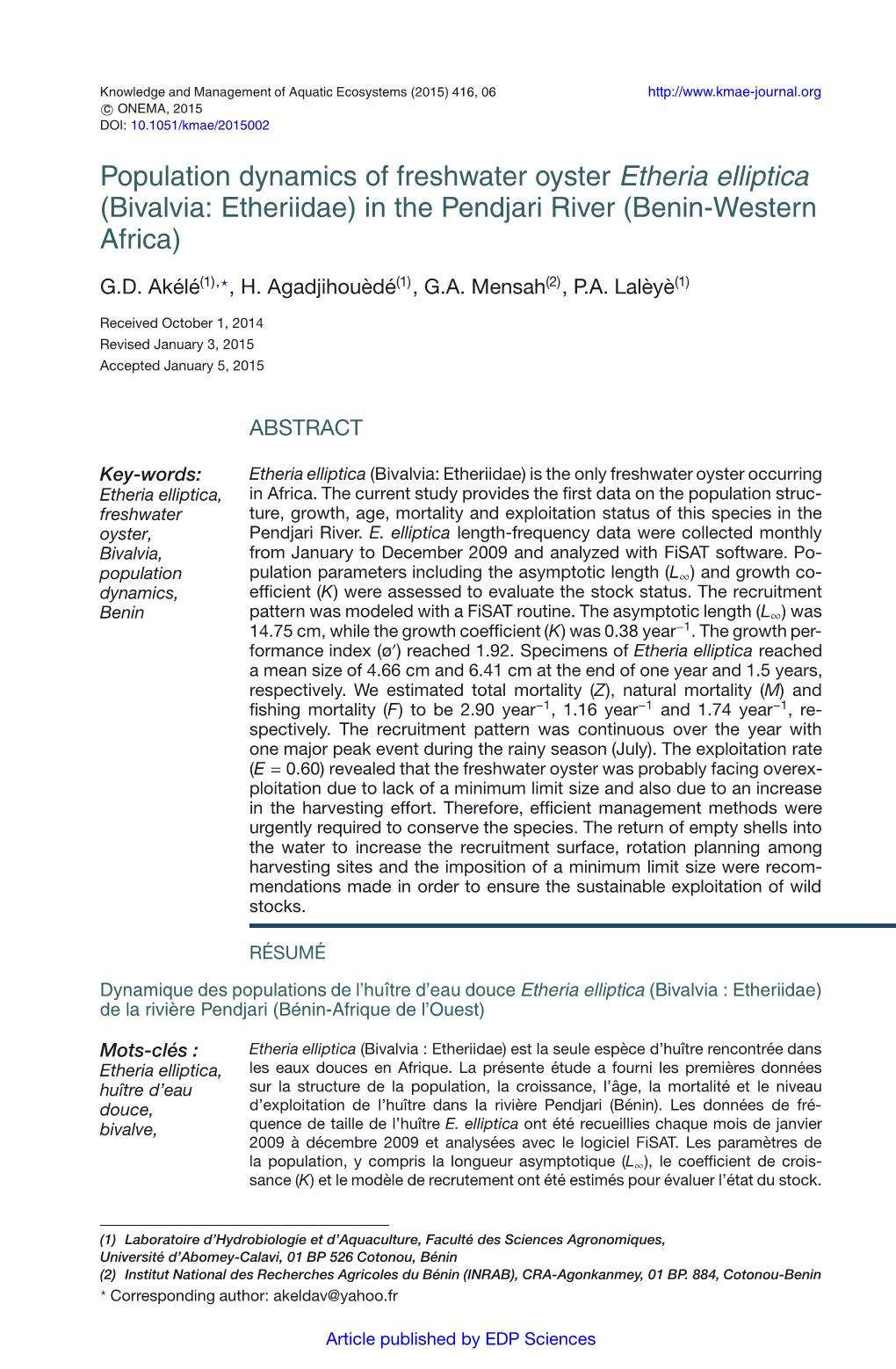 Population Dynamics of Freshwater Oyster Etheria Elliptica (Bivalvia: Etheriidae) in the Pendjari River (Benin-Western Africa)