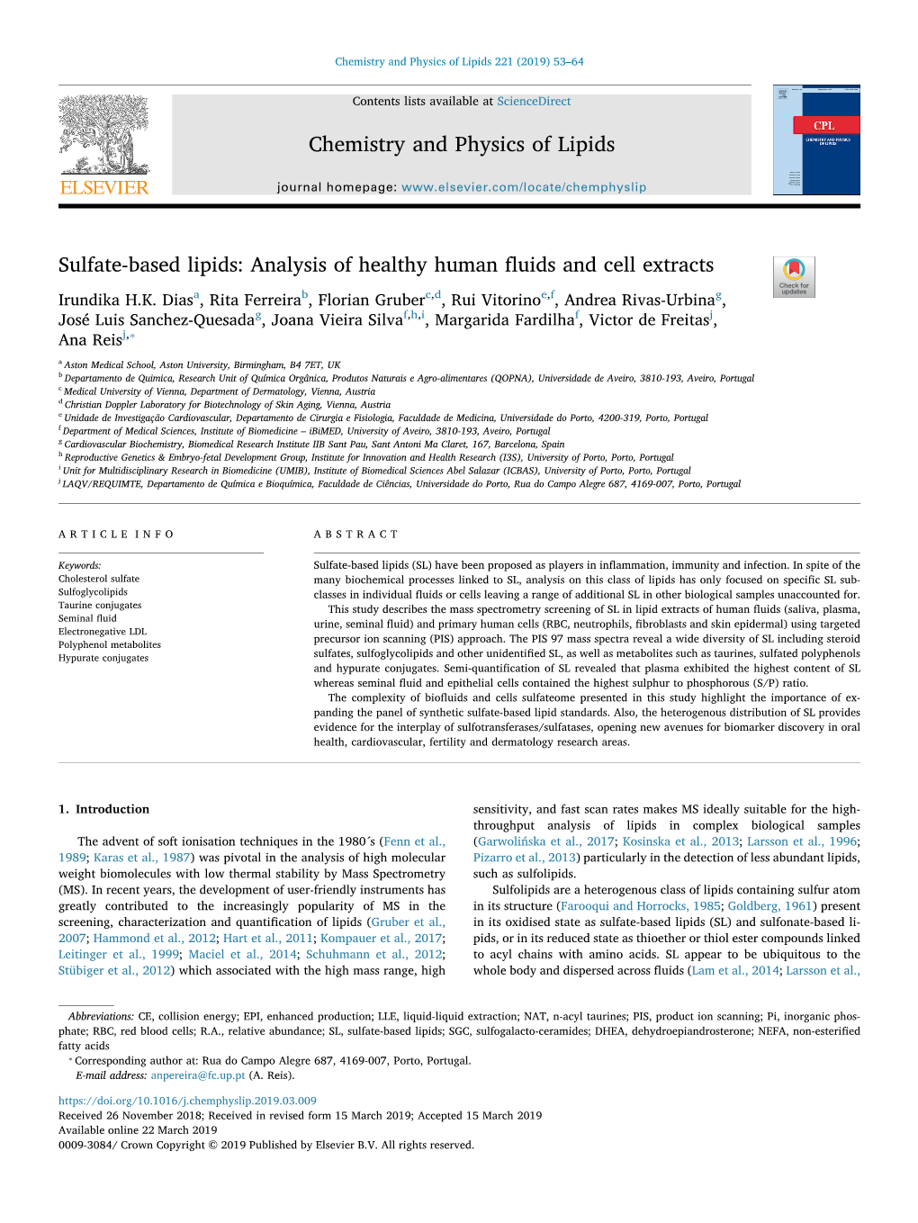 Sulfate-Based Lipids Analysis of Healthy Human Fluids and Cell Extracts