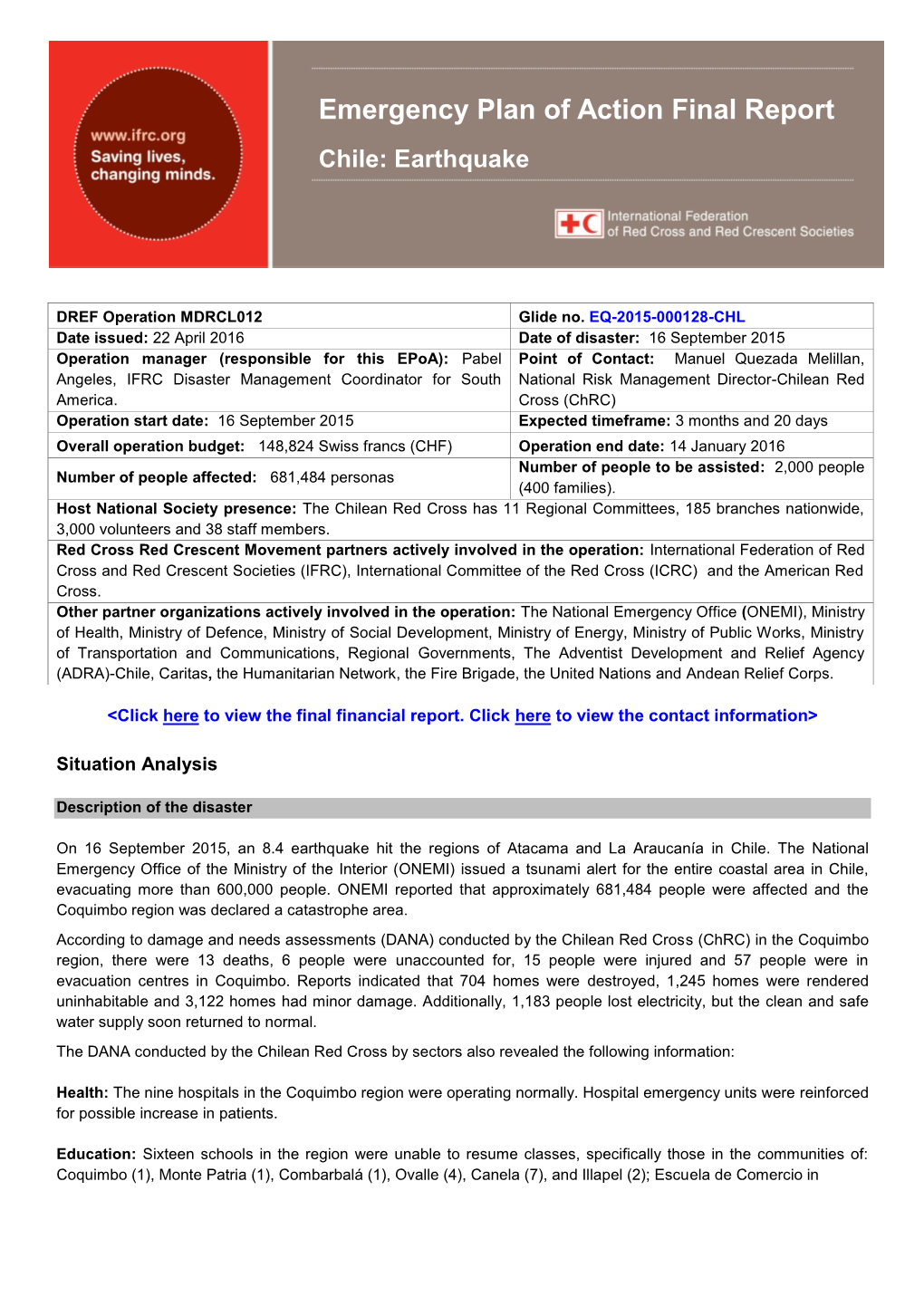 Emergency Plan of Action Final Report Chile: Earthquake