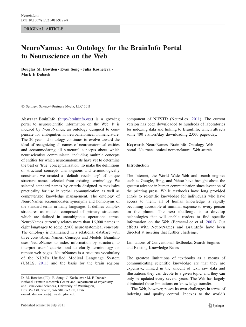 Neuronames: an Ontology for the Braininfo Portal to Neuroscience on the Web