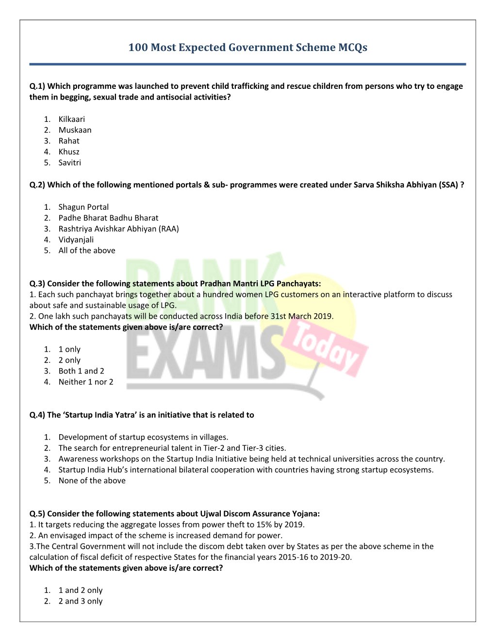 100 Most Expected Government Scheme Mcqs