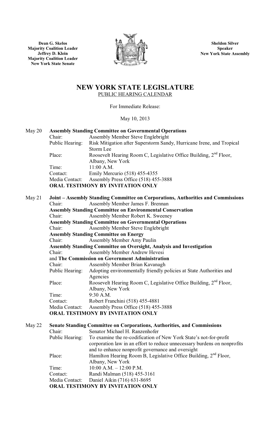 New York State Legislature Public Hearing Calendar