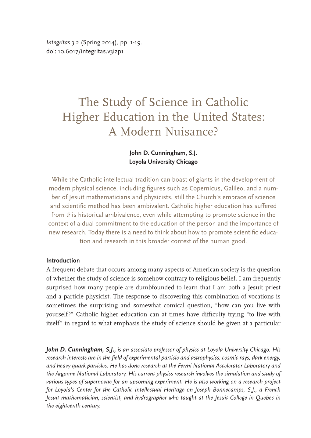 The Study of Science in Catholic Higher Education in the United States: a Modern Nuisance?