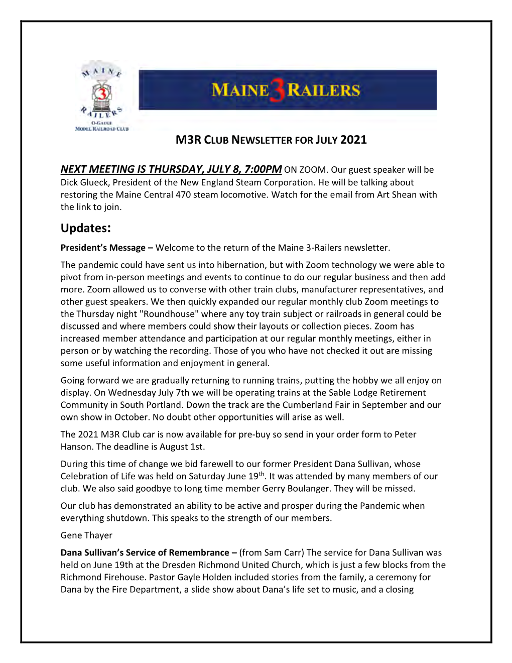 Updates: President’S Message – Welcome to the Return of the Maine 3-Railers Newsletter