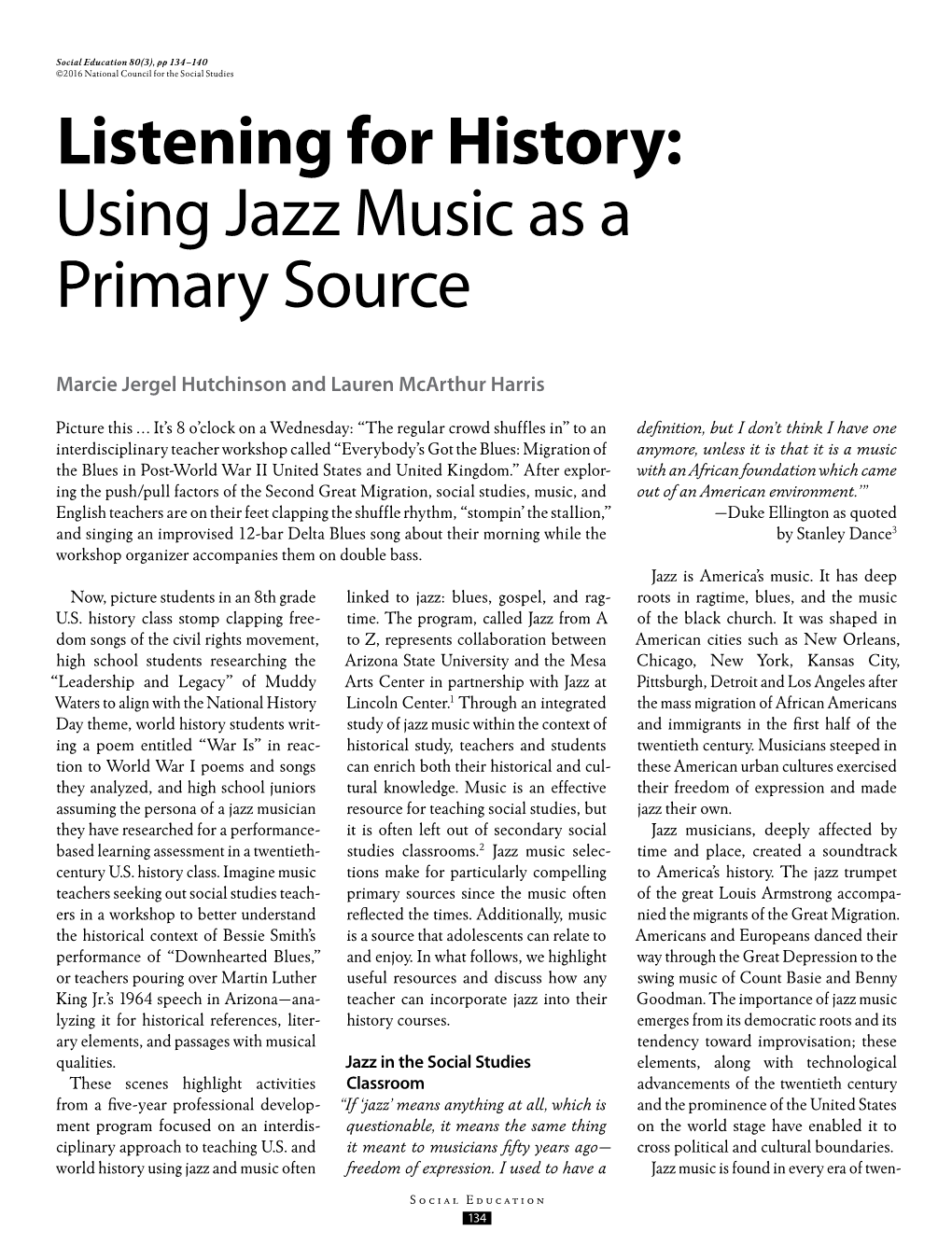 Listening for History: Using Jazz Music As a Primary Source