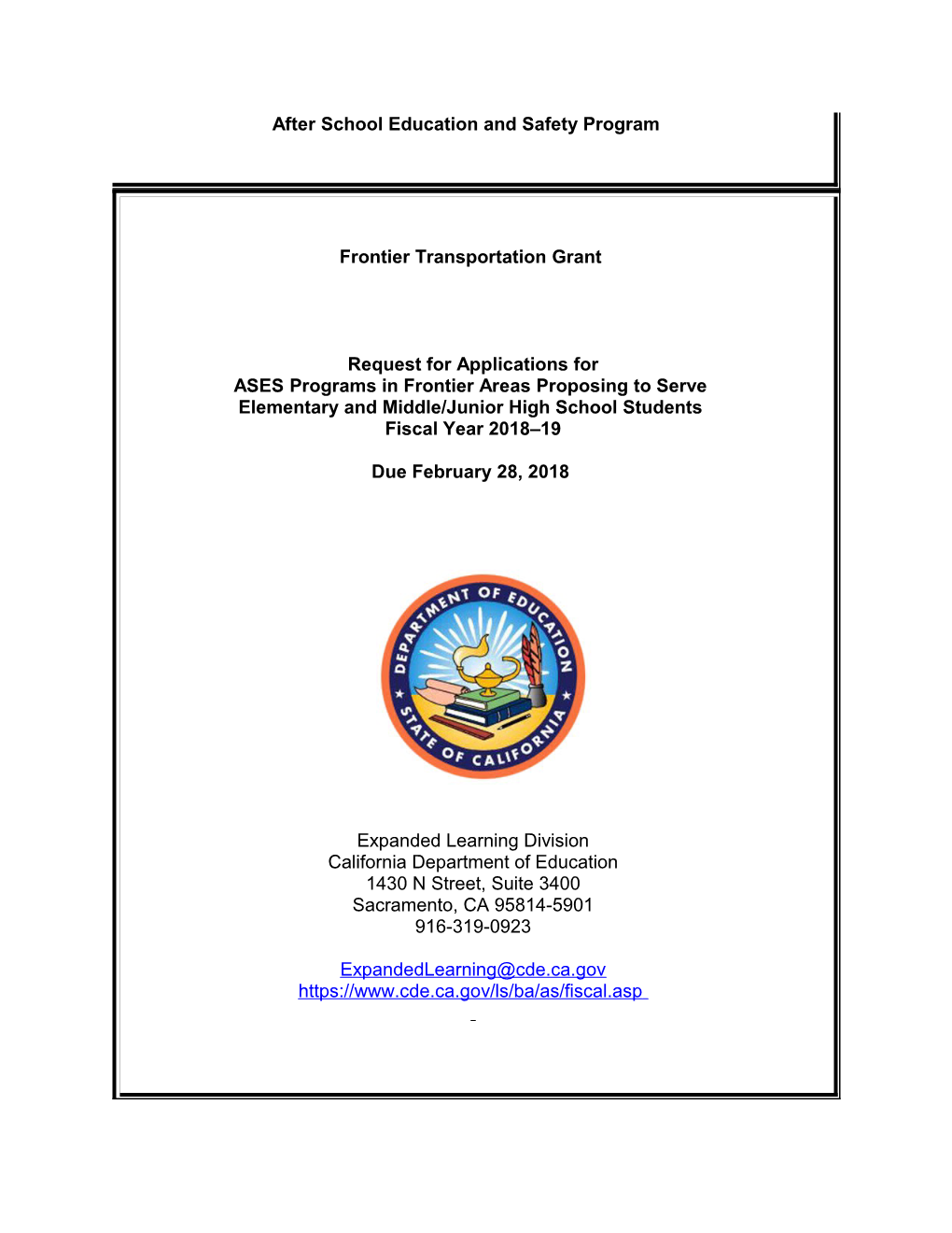 RFA-18 ASES Transportation Grant Application (CA Dept of Education)