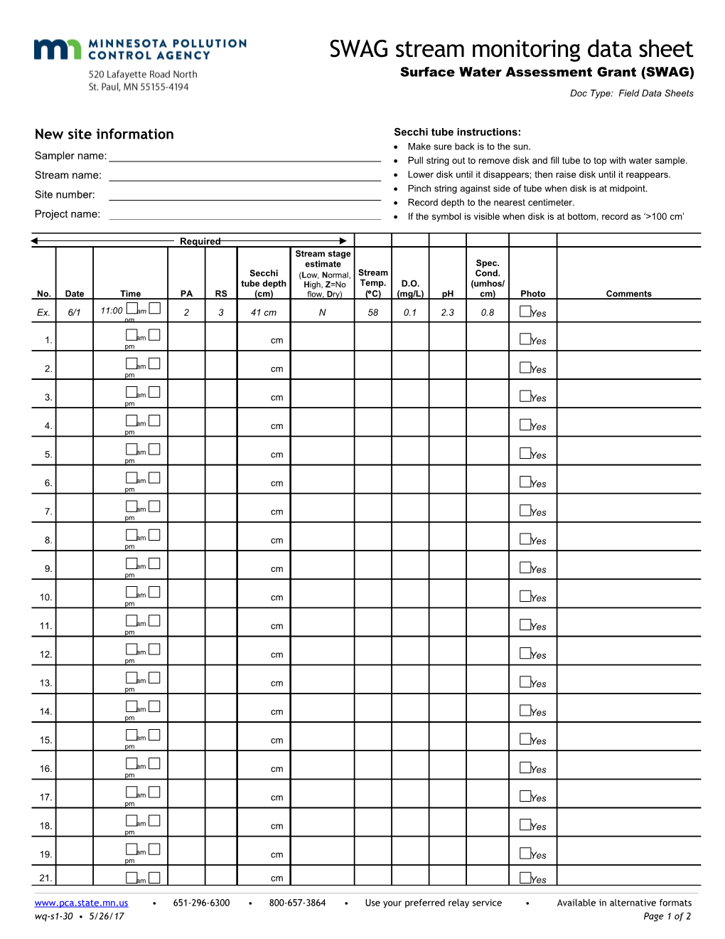 SWAG Stream Monitoring Data Sheet - Form