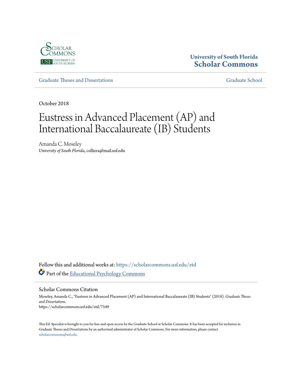 Eustress in Advanced Placement (AP) and International Baccalaureate (IB) Students Amanda C