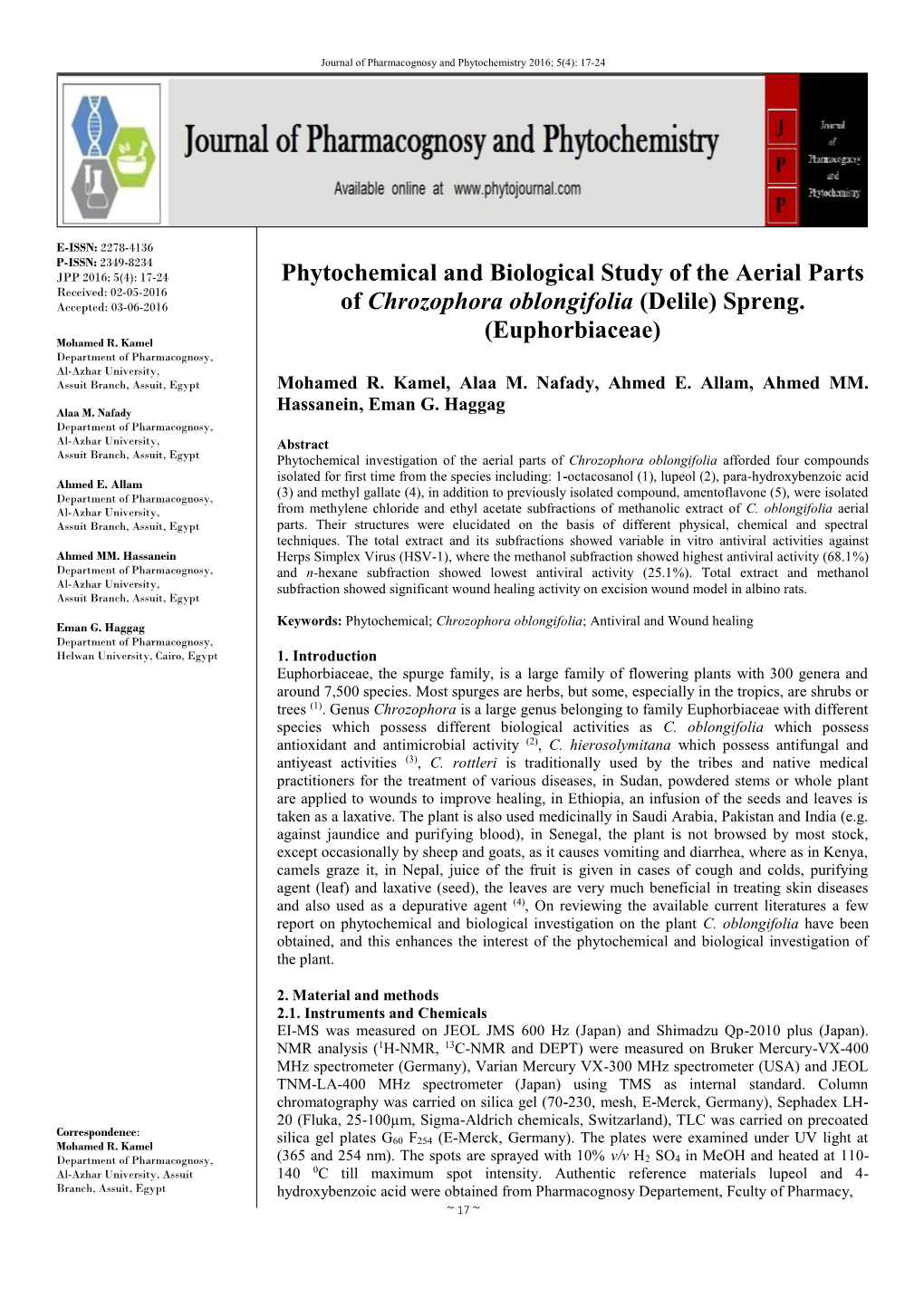 Phytochemical and Biological Study of the Aerial Parts of Chrozophora