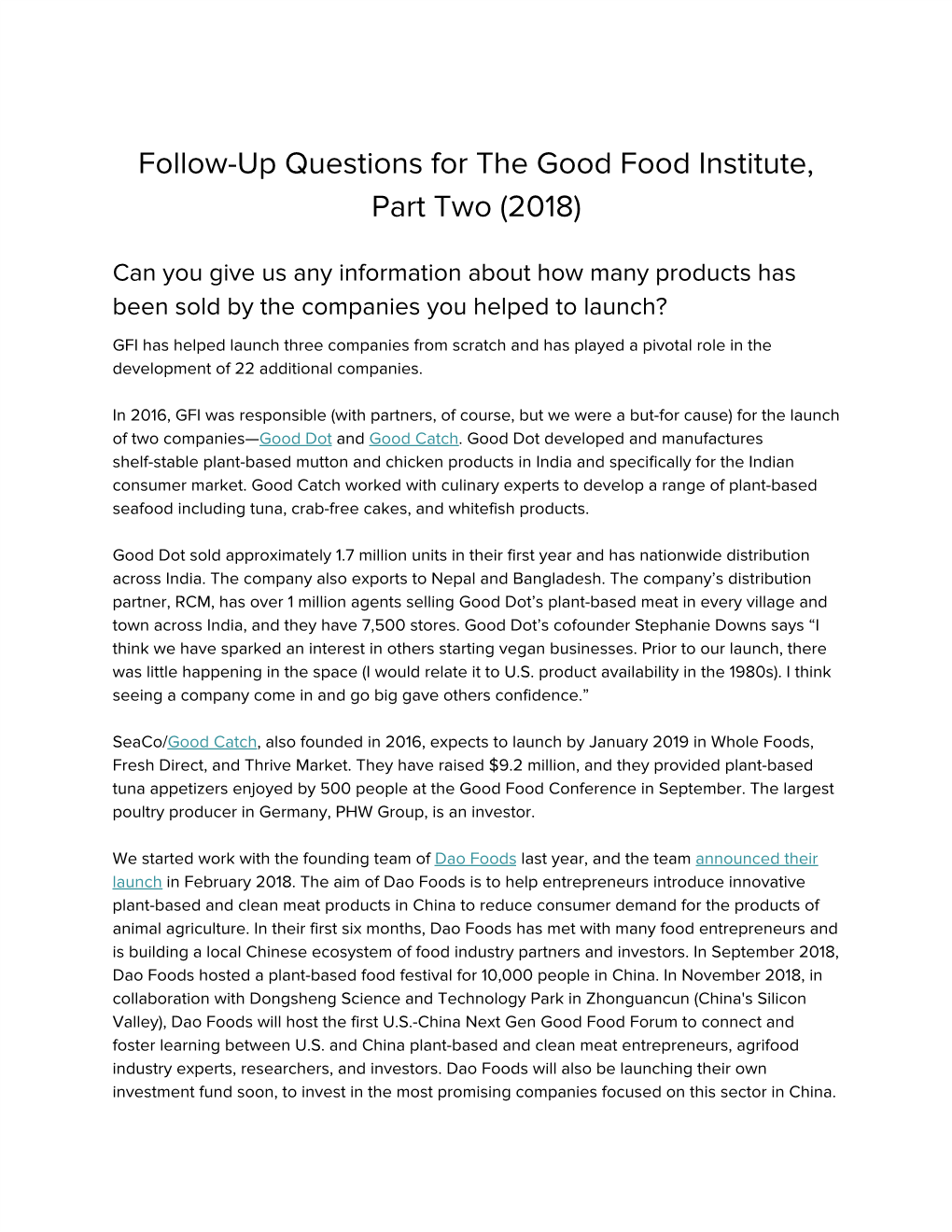 Follow-Up Questions for the Good Food Institute, Part Two (2018)