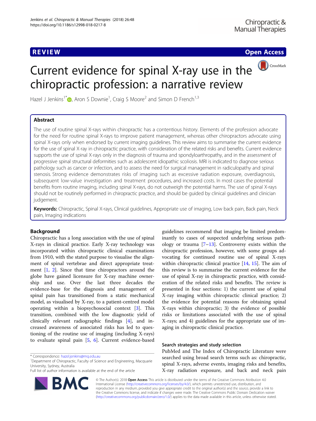 Current Evidence for Spinal X-Ray Use in the Chiropractic Profession: a Narrative Review Hazel J Jenkins1* , Aron S Downie1, Craig S Moore2 and Simon D French1,3