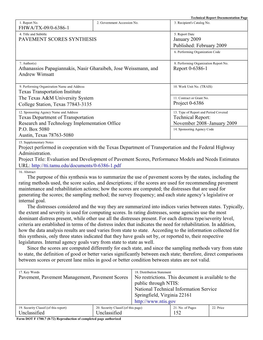 PAVEMENT SCORES SYNTHESIS January 2009