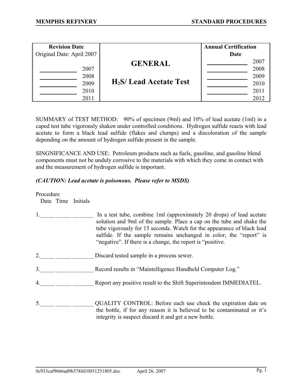 Memphis Refinery Standard Procedures