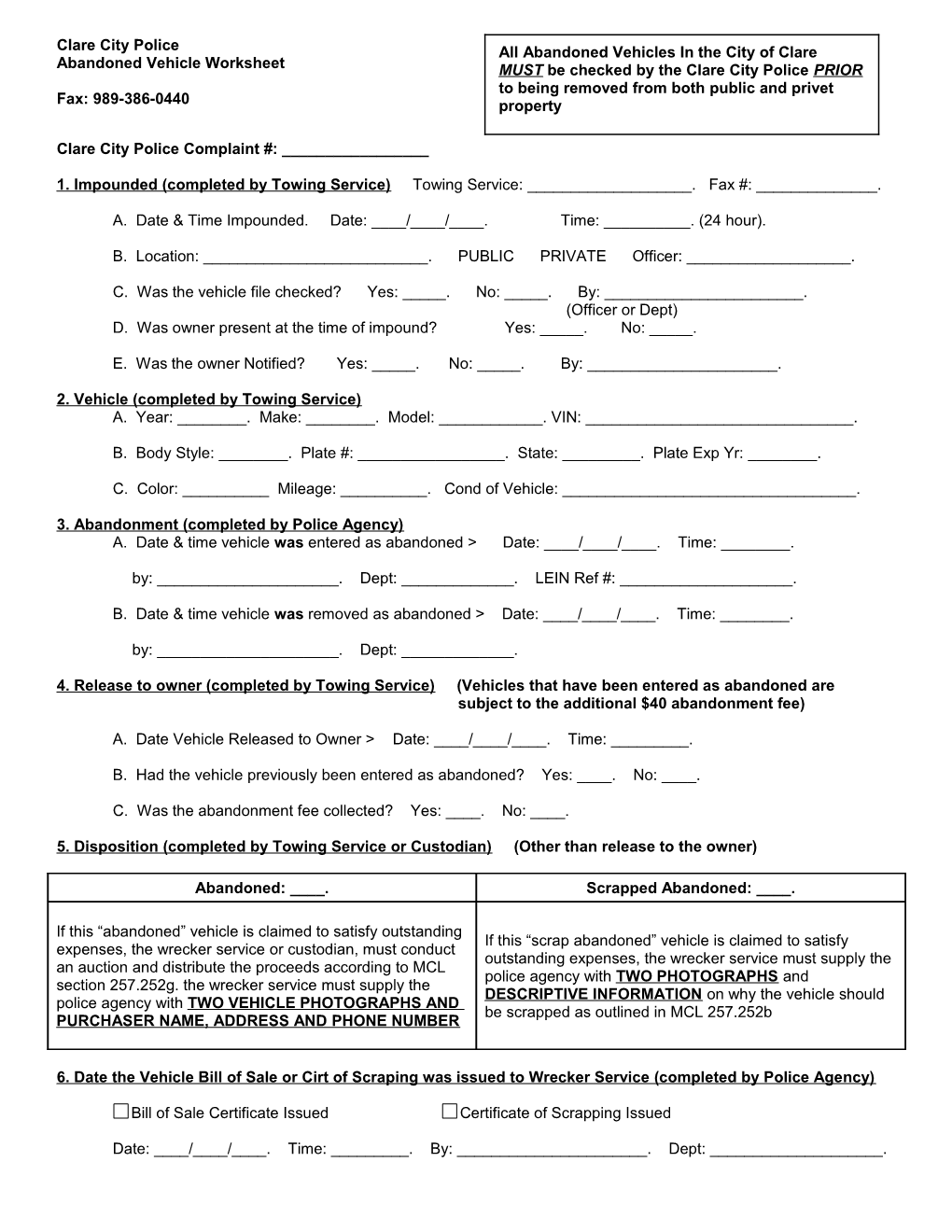 Vehicle Impound/Abandonment Worksheet