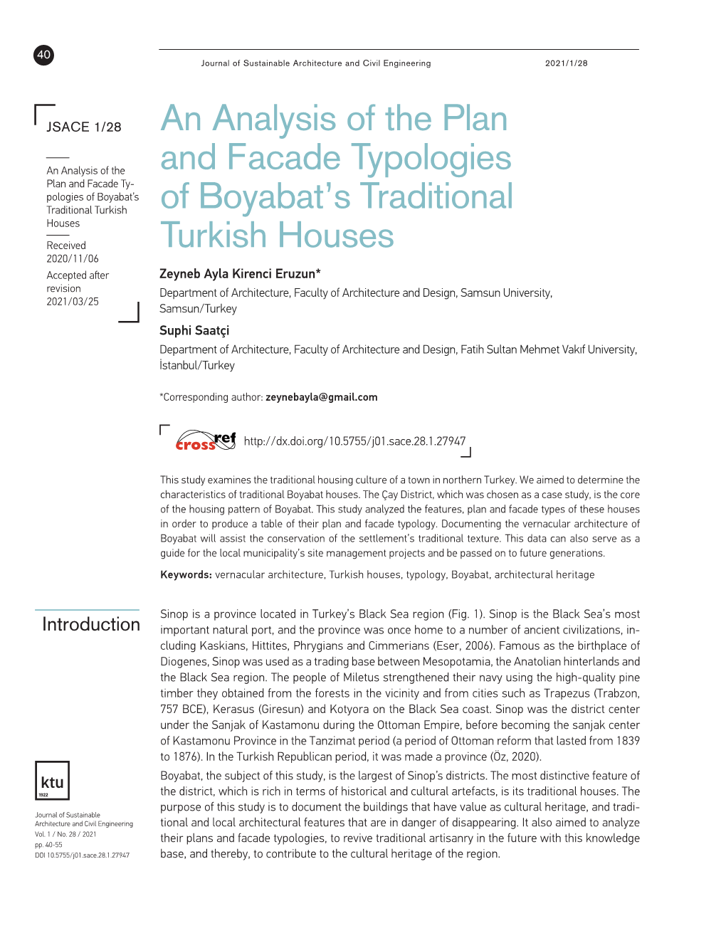 An Analysis of the Plan and Facade Typologies of Boyabat's Traditional