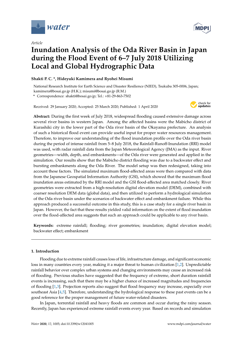 Inundation Analysis of the Oda River Basin in Japan During the Flood Event of 6–7 July 2018 Utilizing Local and Global Hydrographic Data