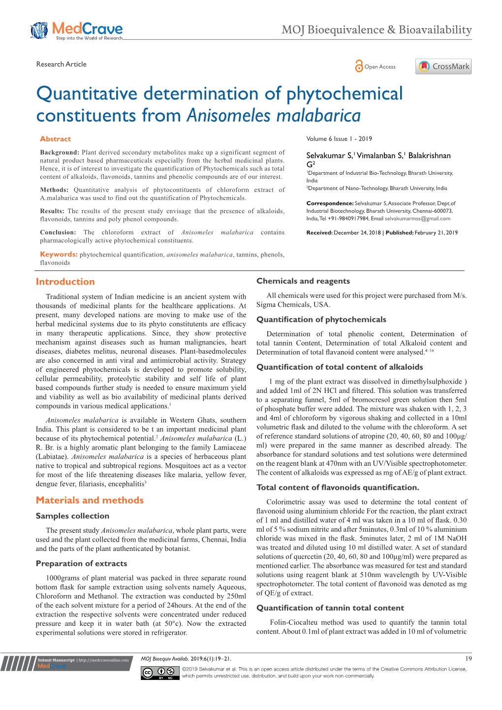 Quantitative Determination of Phytochemical Constituents from Anisomeles Malabarica