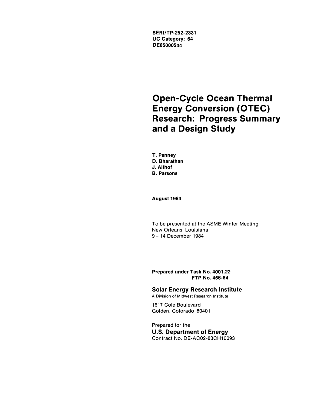 Open-Cycle Ocean Thermal Energy Conversion (OTEC) Research: Progress Summary and a Design Study
