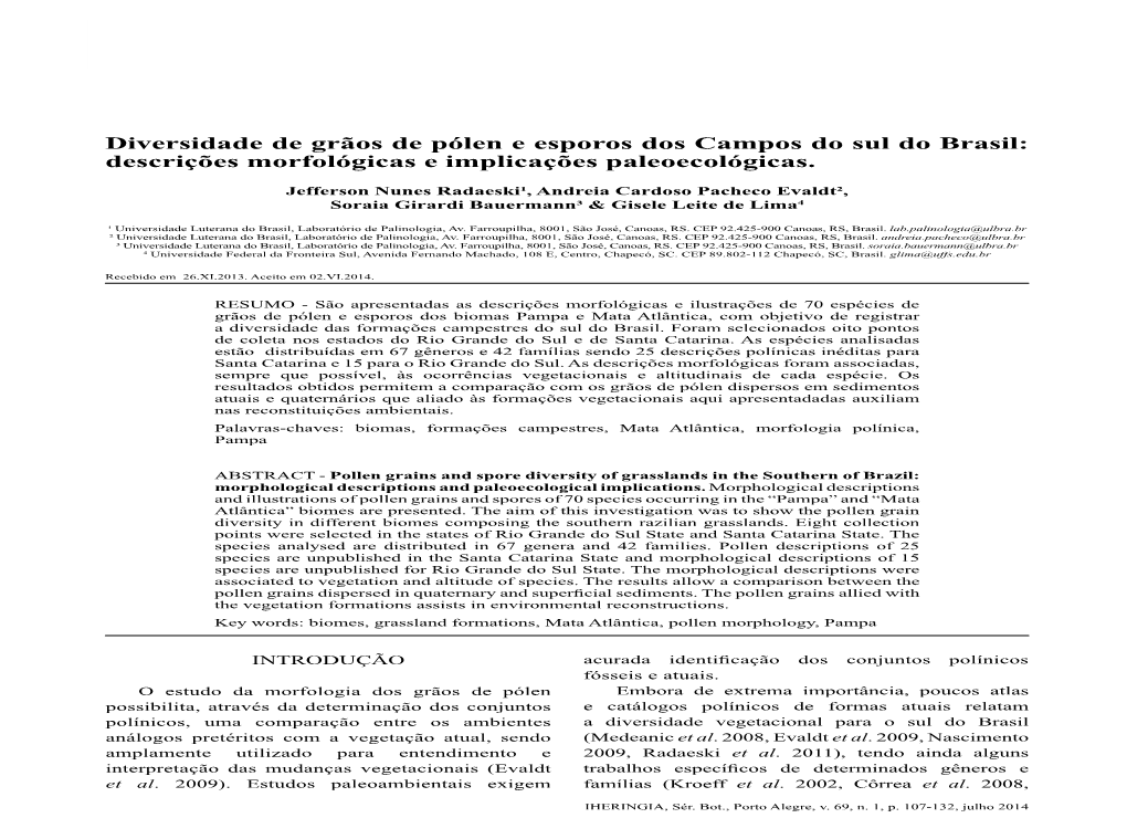 Diversidade De Grãos De Pólen E Esporos Dos Campos Do Sul Do Brasil: