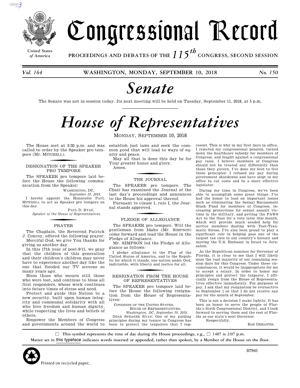 Congressional Record United States Th of America PROCEEDINGS and DEBATES of the 115 CONGRESS, SECOND SESSION