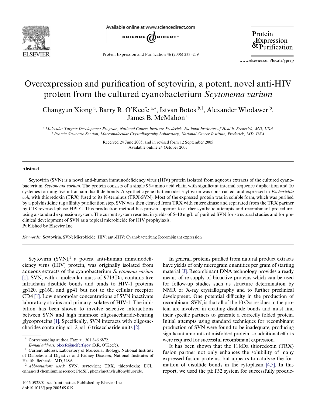 Overexpression and Purification of Scytovirin, a Potent, Novel Anti-HIV