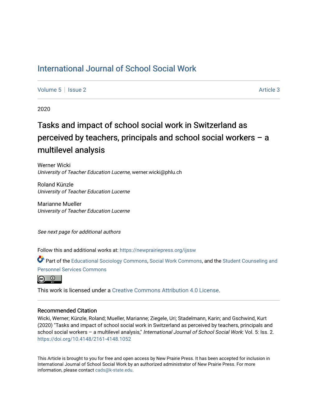 Tasks and Impact of School Social Work in Switzerland As Perceived by Teachers, Principals and School Social Workers – a Multilevel Analysis