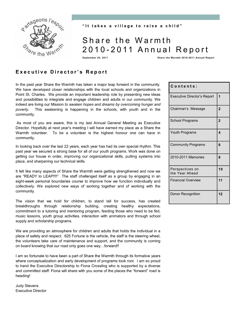 Share the Warmth 2010-2011 Annual Report